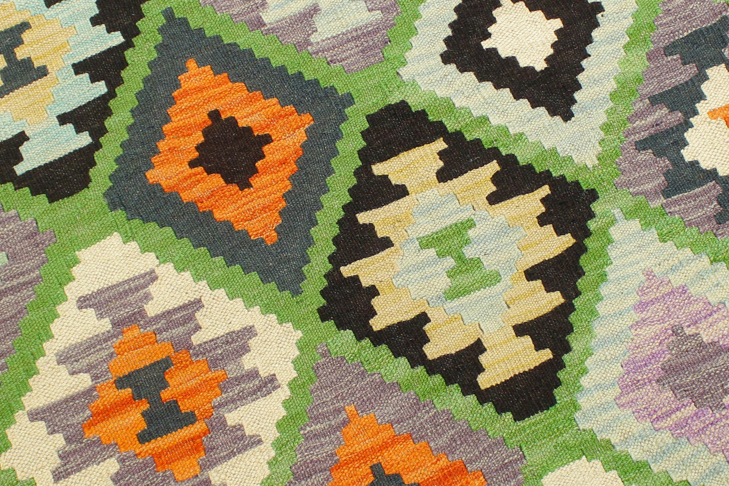 handmade Geometric Kilim Green Blue Hand-Woven RECTANGLE 100% WOOL area rug 4 x 6