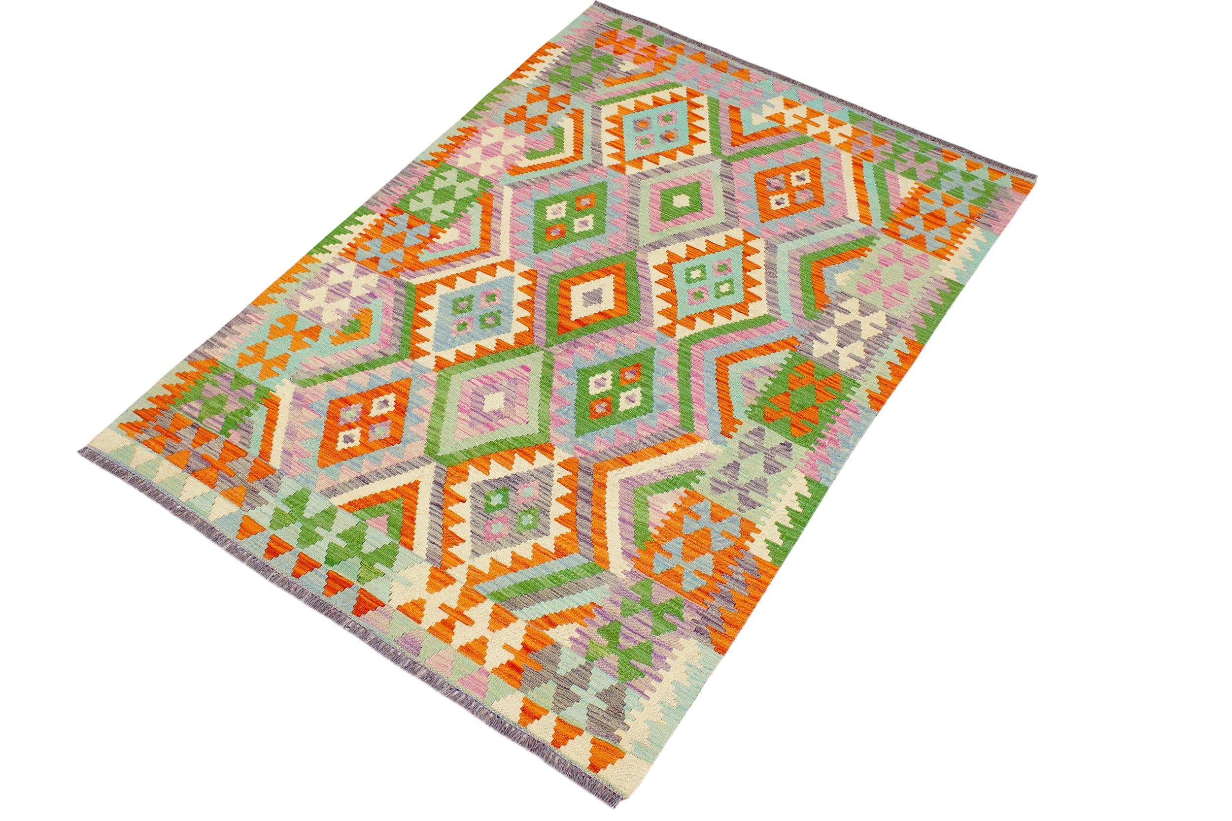 handmade Geometric Kilim Orange Blue Hand-Woven RECTANGLE 100% WOOL area rug 4 x 6