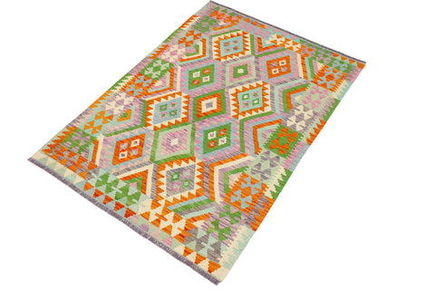 handmade Geometric Kilim Orange Blue Hand-Woven RECTANGLE 100% WOOL area rug 4 x 6