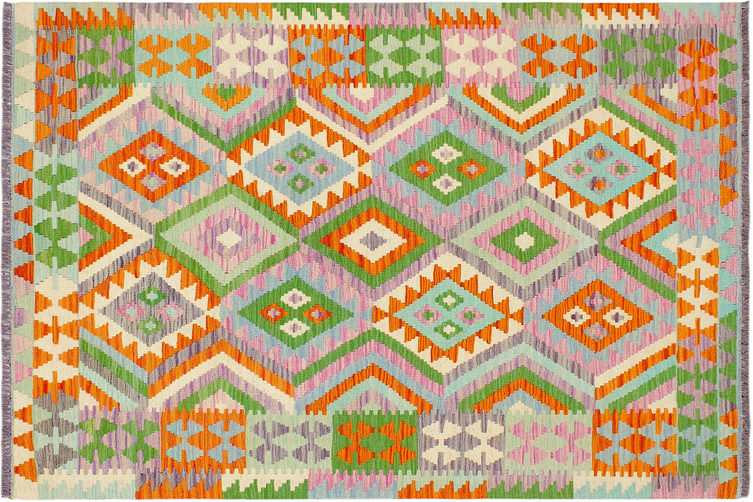 handmade Geometric Kilim Orange Blue Hand-Woven RECTANGLE 100% WOOL area rug 4 x 6