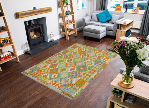 handmade Geometric Kilim Orange Blue Hand-Woven RECTANGLE 100% WOOL area rug 4 x 6