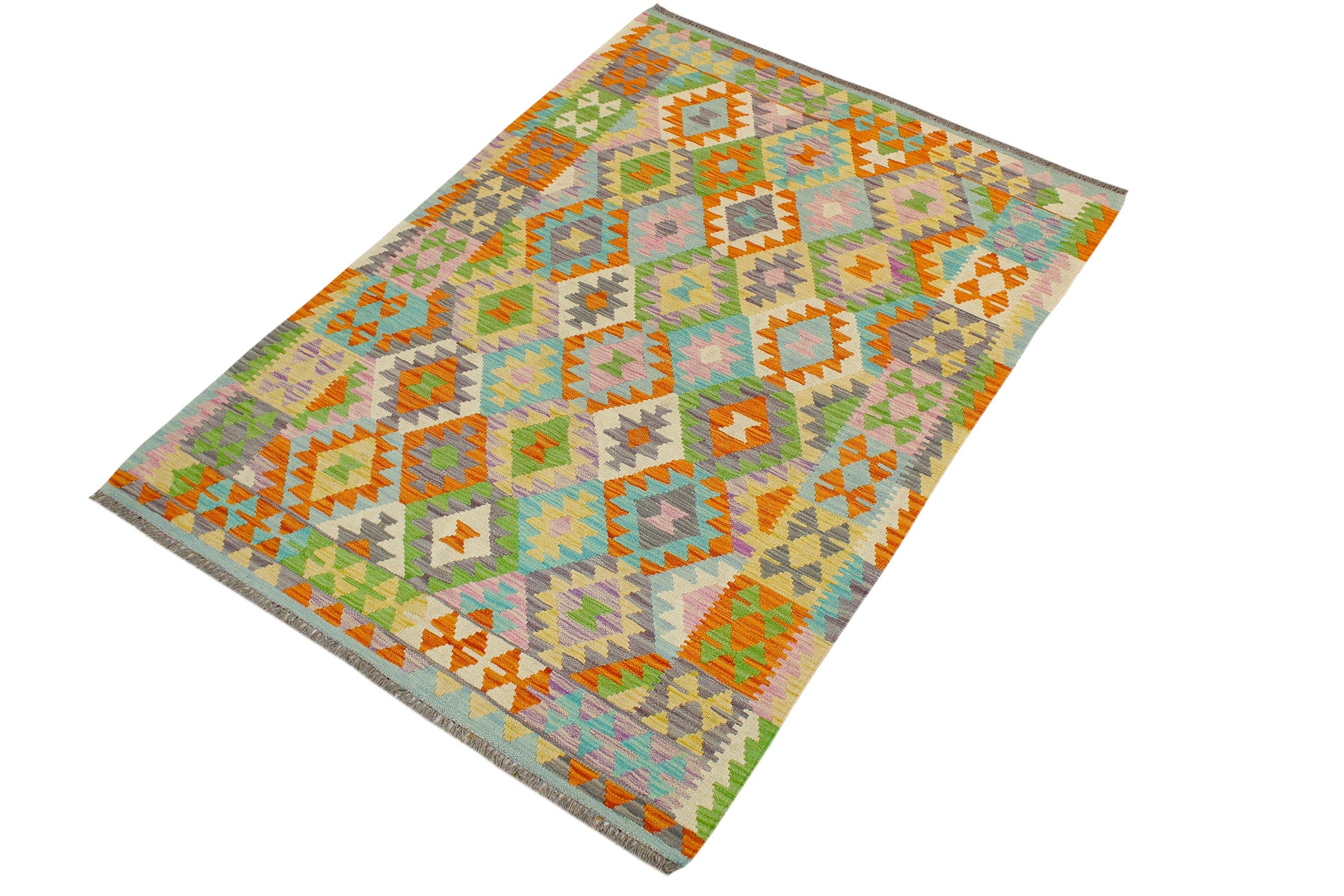 handmade Geometric Kilim Orange Blue Hand-Woven RECTANGLE 100% WOOL area rug 4 x 6