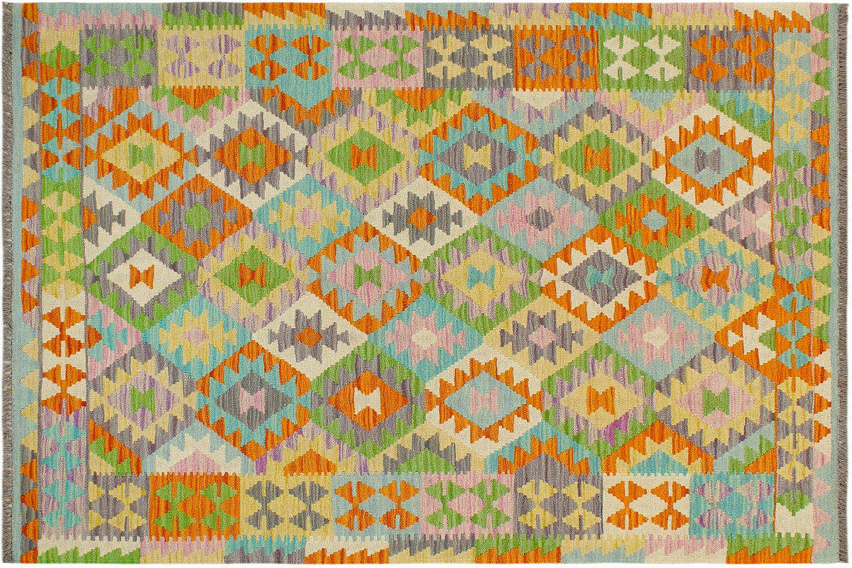 handmade Geometric Kilim Orange Blue Hand-Woven RECTANGLE 100% WOOL area rug 4 x 6