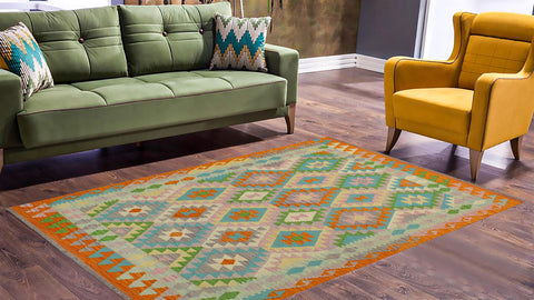 handmade Geometric Kilim Beige Orange Hand-Woven RECTANGLE 100% WOOL area rug 4 x 6