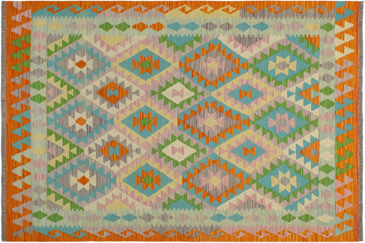 handmade Geometric Kilim Beige Orange Hand-Woven RECTANGLE 100% WOOL area rug 4 x 6