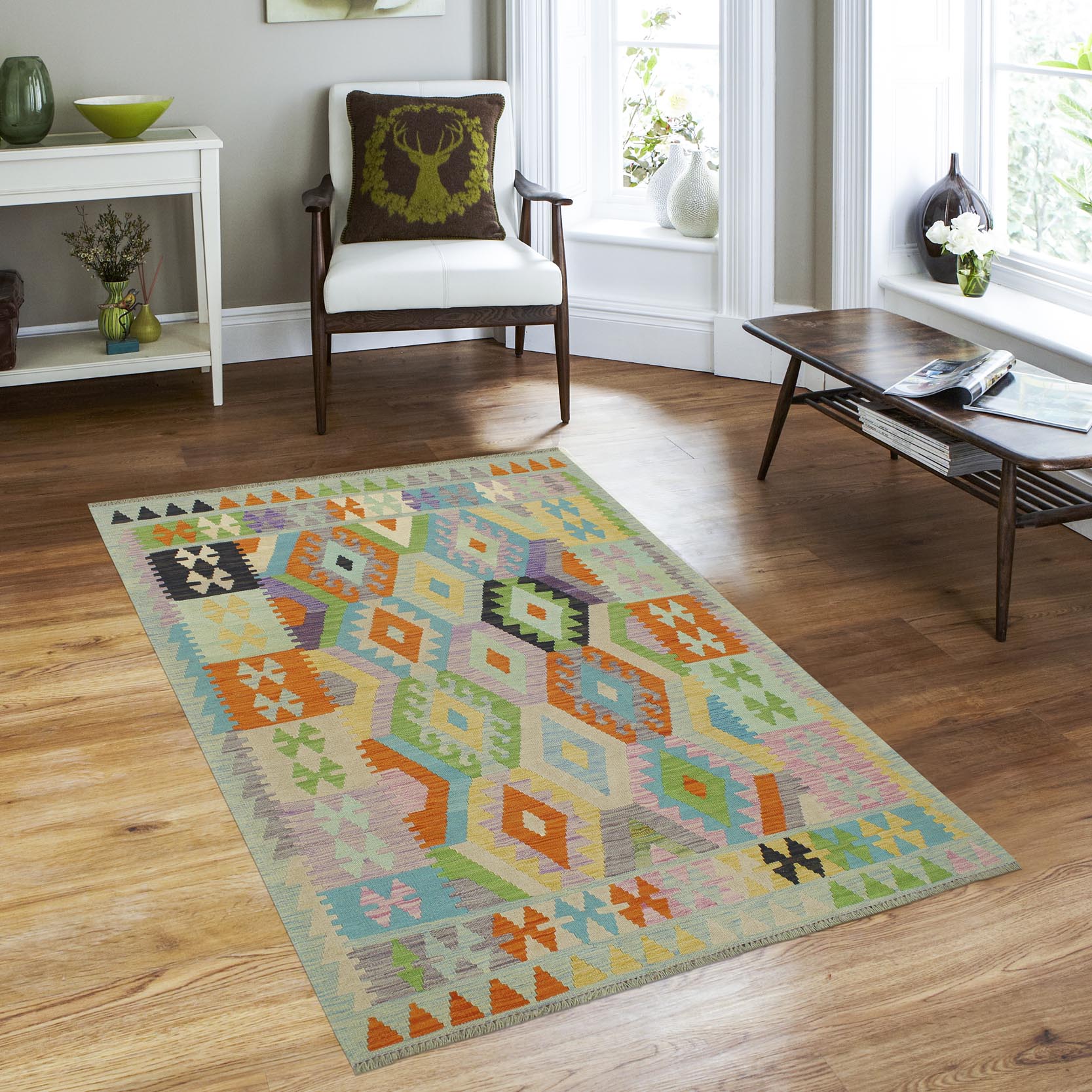 handmade Geometric Kilim Blue Orange Hand-Woven RECTANGLE 100% WOOL area rug 4 x 6