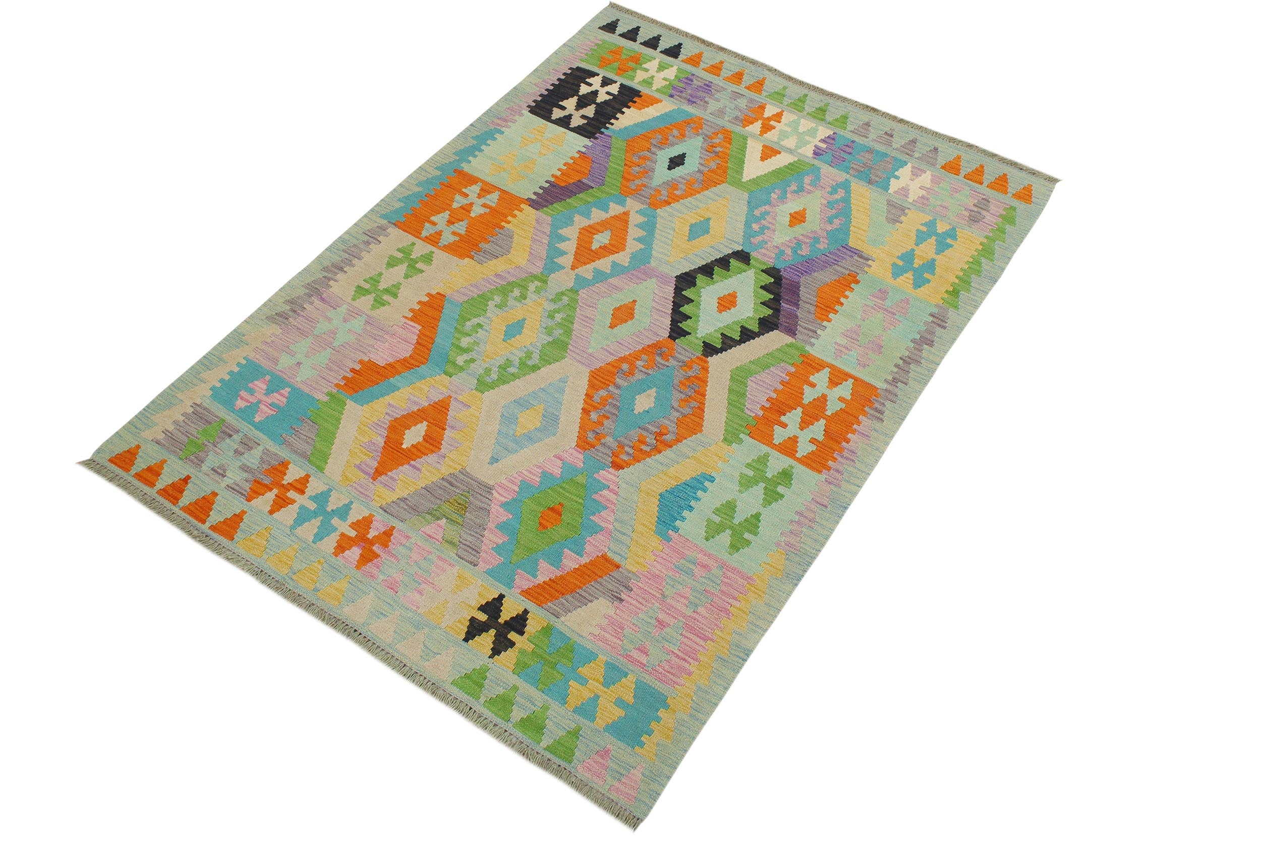 handmade Geometric Kilim Blue Orange Hand-Woven RECTANGLE 100% WOOL area rug 4 x 6