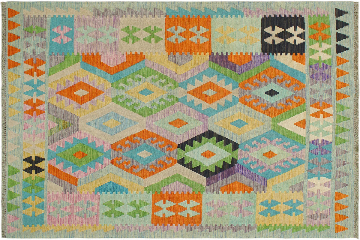 handmade Geometric Kilim Blue Orange Hand-Woven RECTANGLE 100% WOOL area rug 4 x 6