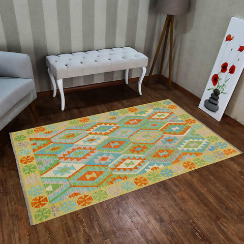handmade Geometric Kilim Blue Gold Hand-Woven RECTANGLE 100% WOOL area rug 4 x 6