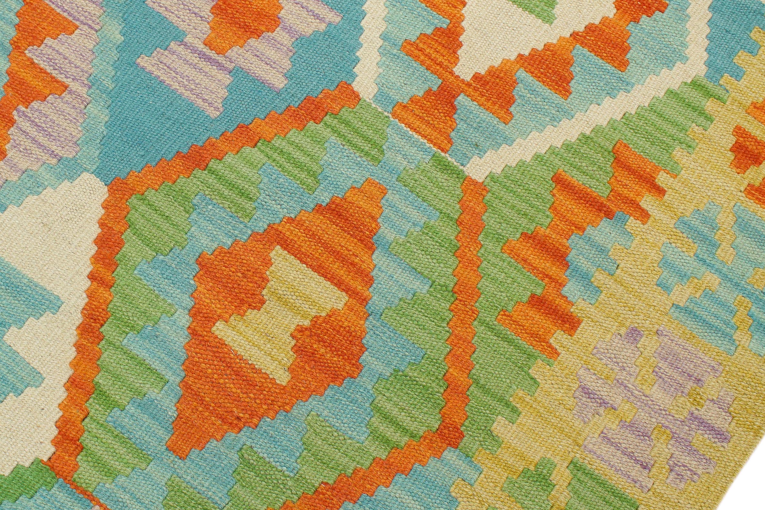 handmade Geometric Kilim Blue Gold Hand-Woven RECTANGLE 100% WOOL area rug 4 x 6