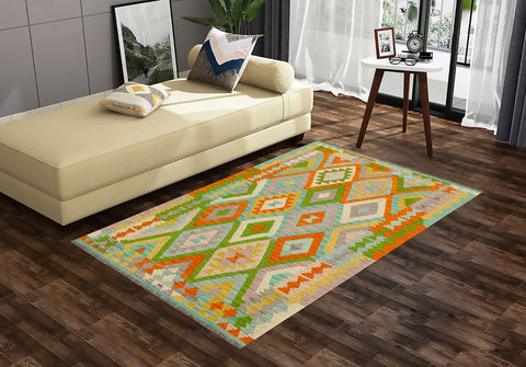 handmade Geometric Kilim Blue Orange Hand-Woven RECTANGLE 100% WOOL area rug 4 x 6