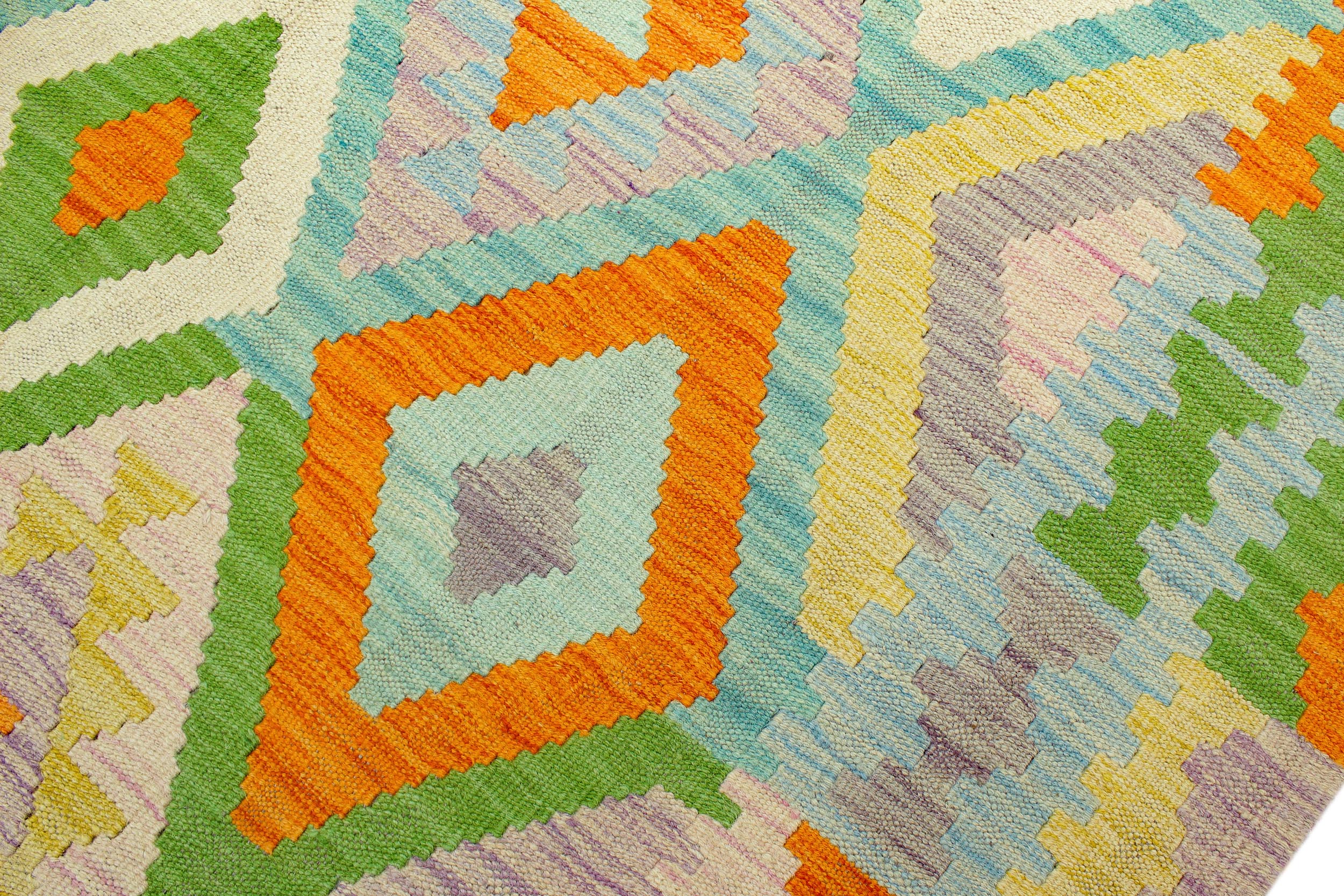 handmade Geometric Kilim Blue Orange Hand-Woven RECTANGLE 100% WOOL area rug 4 x 6