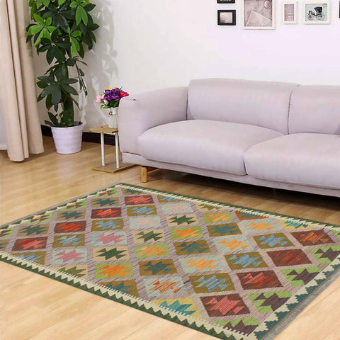 handmade Geometric Kilim Purple Green Hand-Woven RECTANGLE 100% WOOL area rug 4 x 5