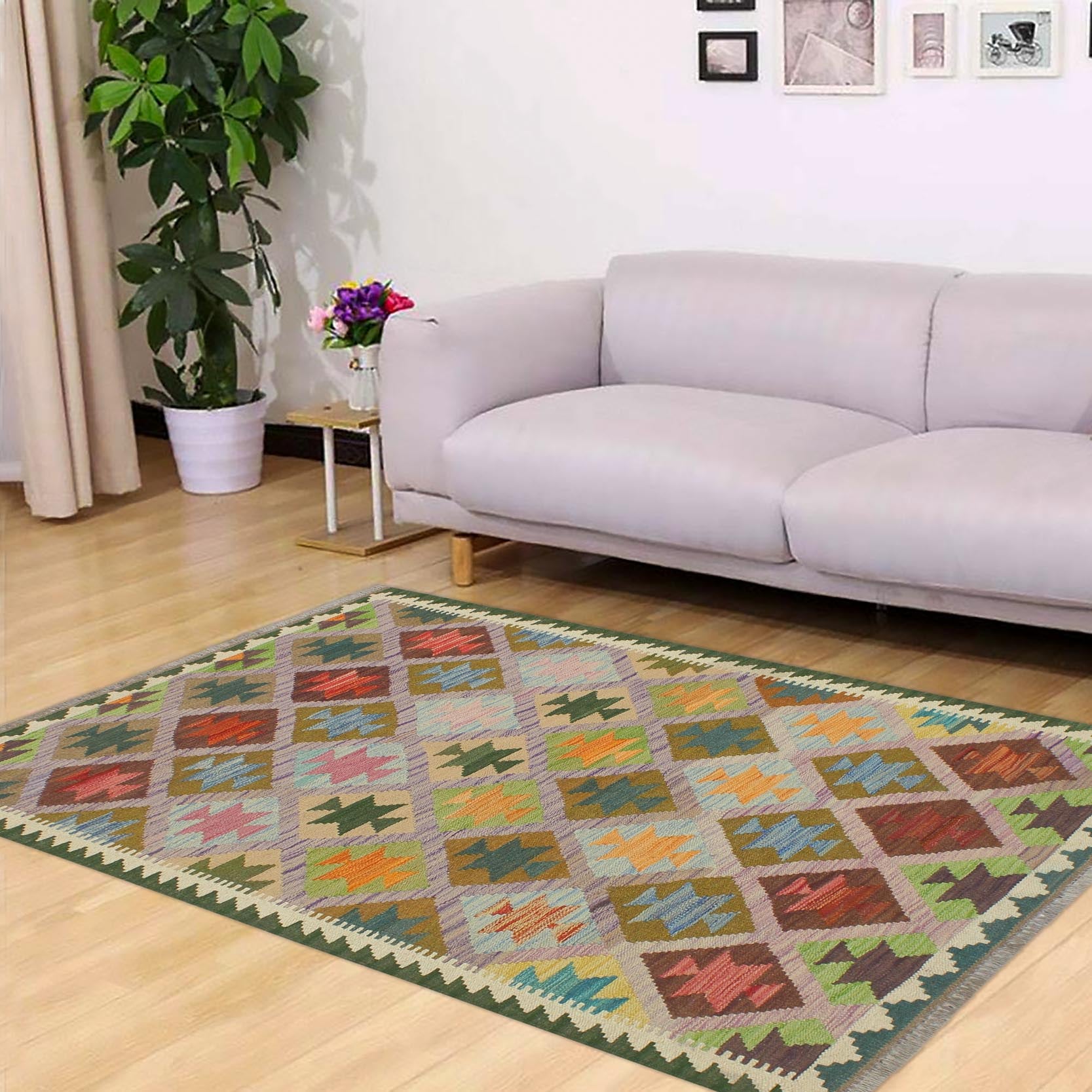 handmade Geometric Kilim Purple Green Hand-Woven RECTANGLE 100% WOOL area rug 4 x 5