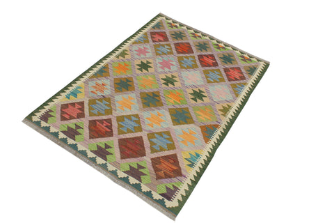 handmade Geometric Kilim Purple Green Hand-Woven RECTANGLE 100% WOOL area rug 4 x 5