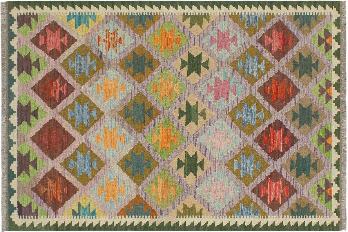 handmade Geometric Kilim Purple Green Hand-Woven RECTANGLE 100% WOOL area rug 4 x 5