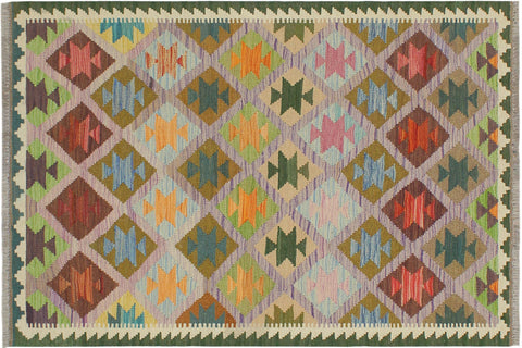 handmade Geometric Kilim Purple Green Hand-Woven RECTANGLE 100% WOOL area rug 4 x 5