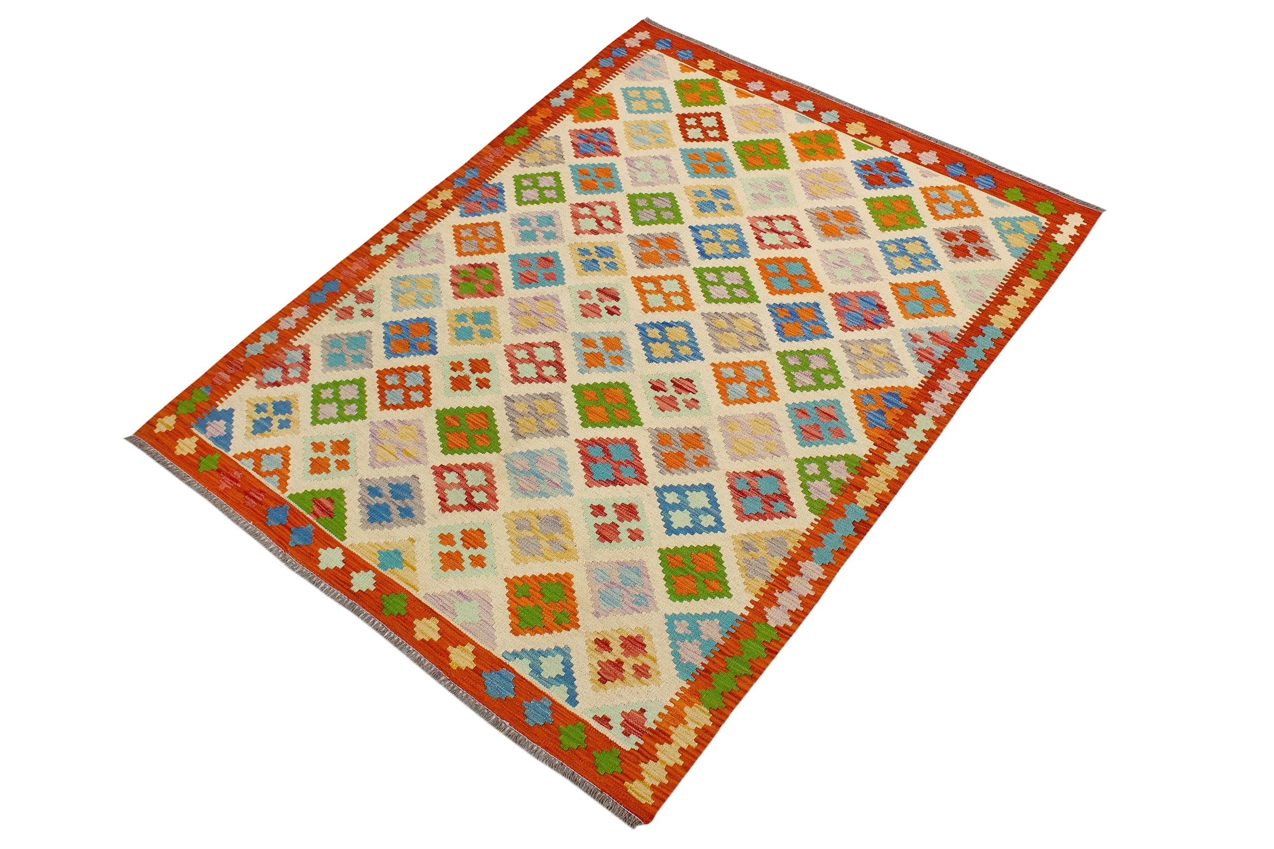 handmade Geometric Kilim Beige Rust Hand-Woven RECTANGLE 100% WOOL area rug 5 x 7