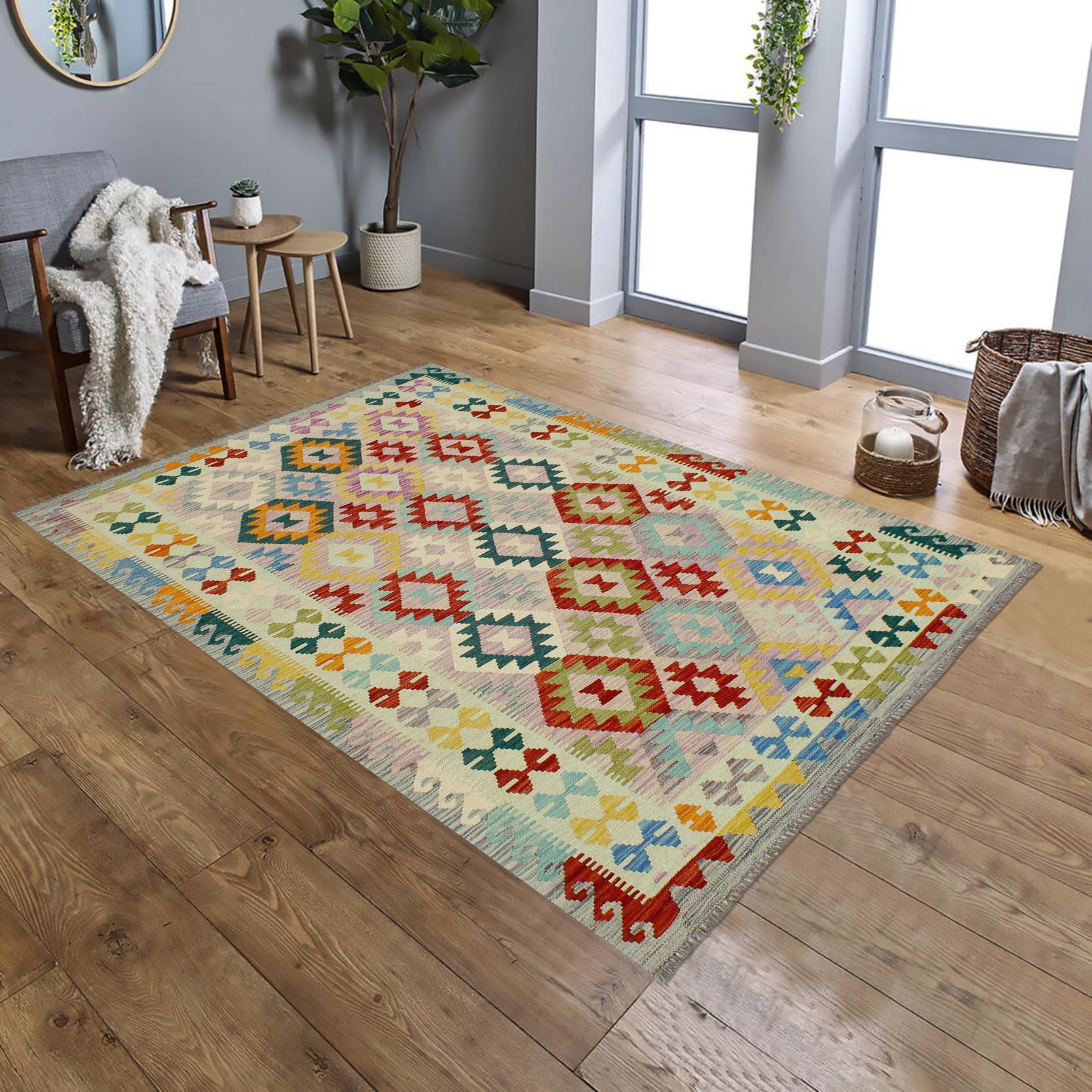 handmade Geometric Kilim Beige Blue Hand-Woven RECTANGLE 100% WOOL area rug 5 x 7