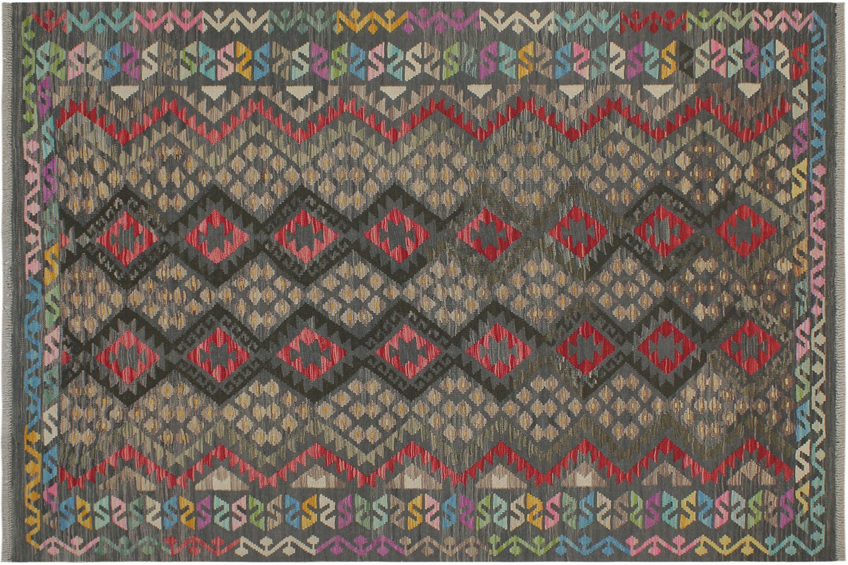 handmade Geometric Kilim Charcoal Red Hand-Woven RECTANGLE 100% WOOL area rug 6 x 8