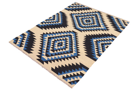 handmade Modern Kilim Beige Blue Hand-Woven RECTANGLE 100% WOOL area rug 6x9