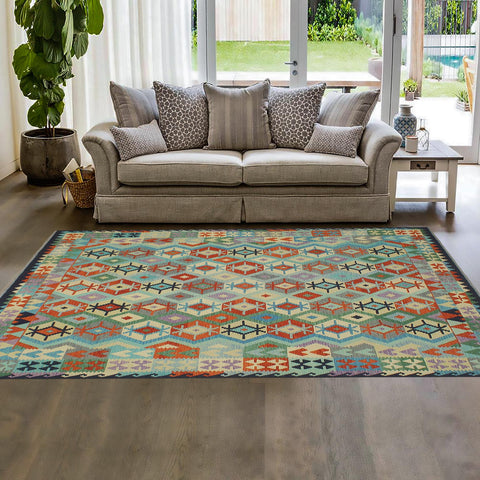 handmade Geometric Kilim Rust Blue Hand-Woven RECTANGLE 100% WOOL area rug 8 x 10