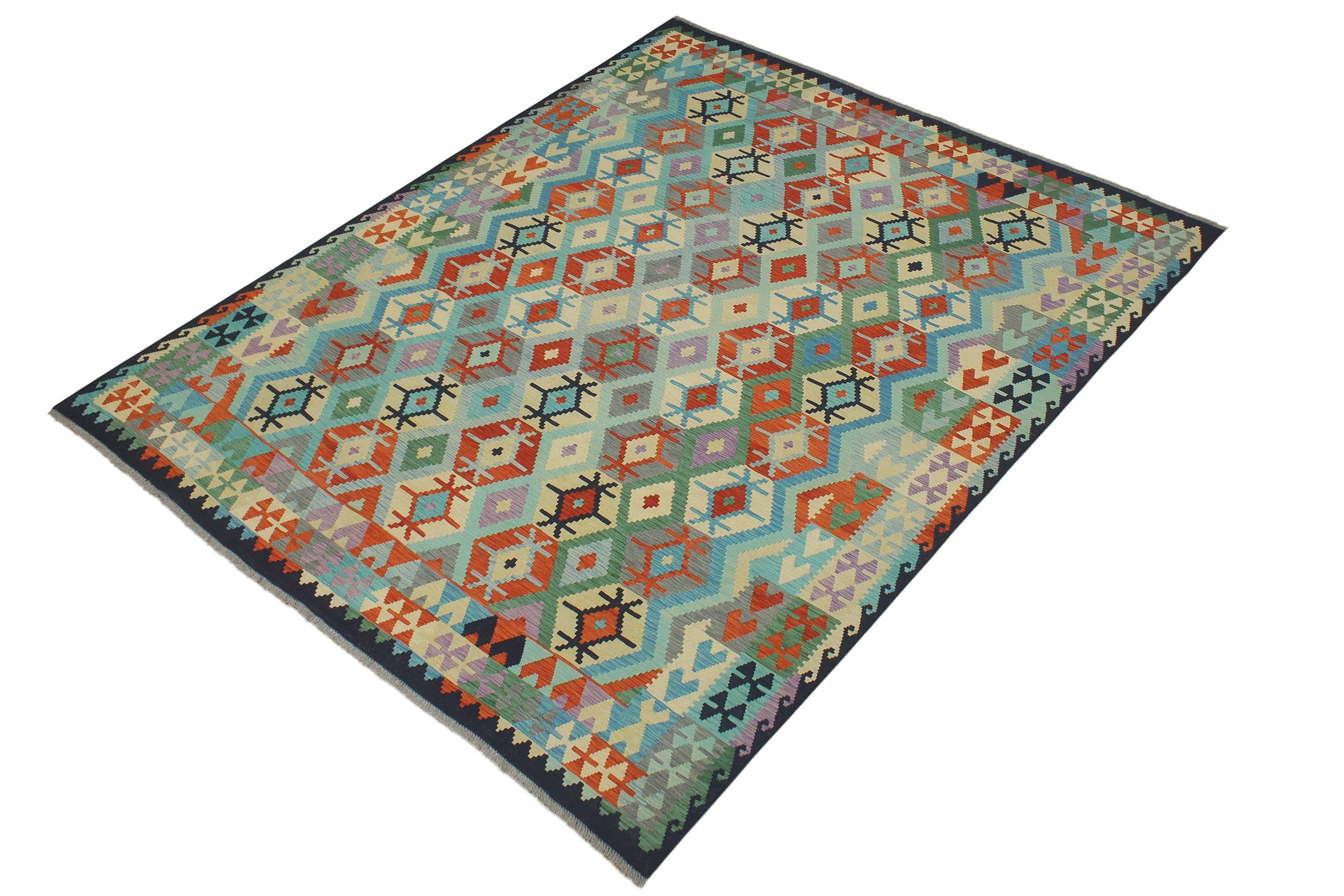 handmade Geometric Kilim Rust Blue Hand-Woven RECTANGLE 100% WOOL area rug 8 x 10