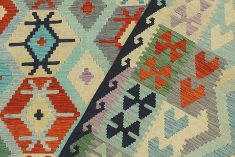 handmade Geometric Kilim Rust Blue Hand-Woven RECTANGLE 100% WOOL area rug 8 x 10