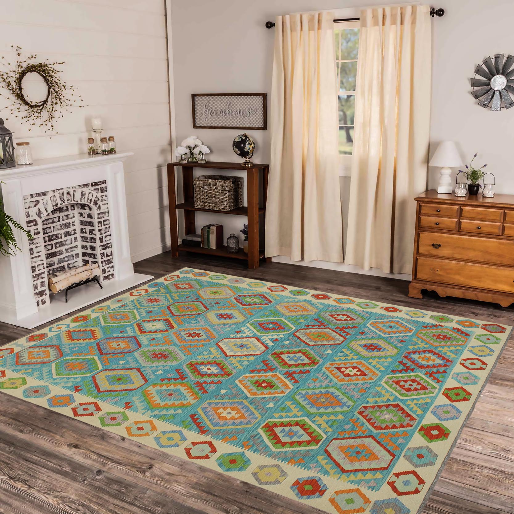 handmade Geometric Kilim Blue Beige Hand-Woven RECTANGLE 100% WOOL area rug 8 x 9