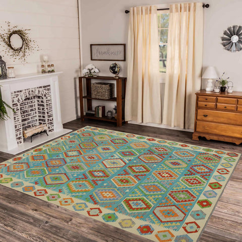 handmade Geometric Kilim Blue Beige Hand-Woven RECTANGLE 100% WOOL area rug 8 x 9