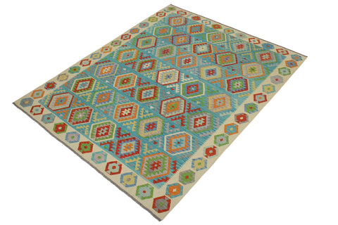 handmade Geometric Kilim Blue Beige Hand-Woven RECTANGLE 100% WOOL area rug 8 x 9