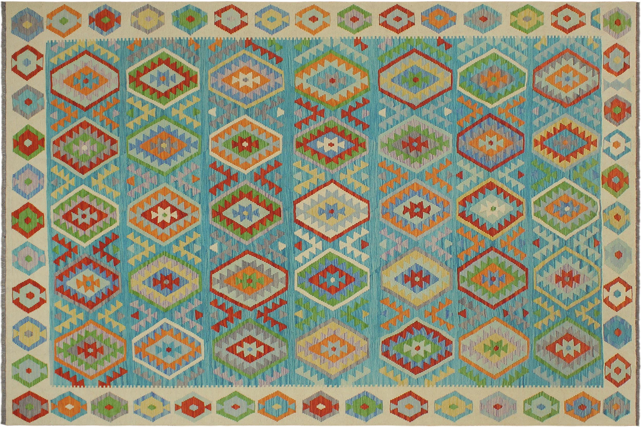 handmade Geometric Kilim Blue Beige Hand-Woven RECTANGLE 100% WOOL area rug 8 x 9