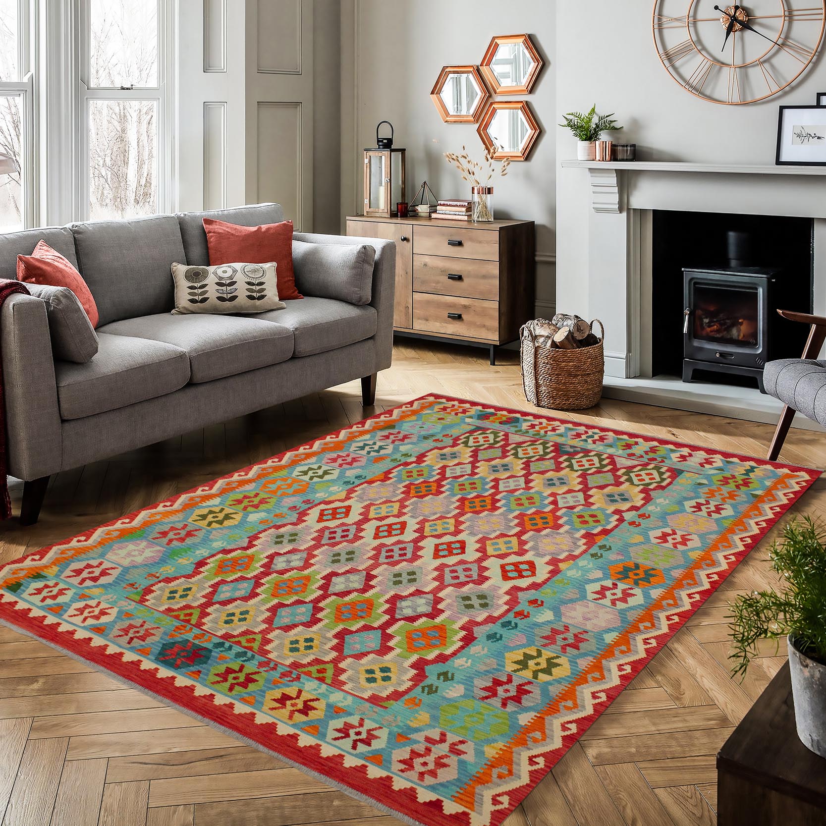 handmade Geometric Kilim Red Blue Hand-Woven RECTANGLE 100% WOOL area rug 8 x 10