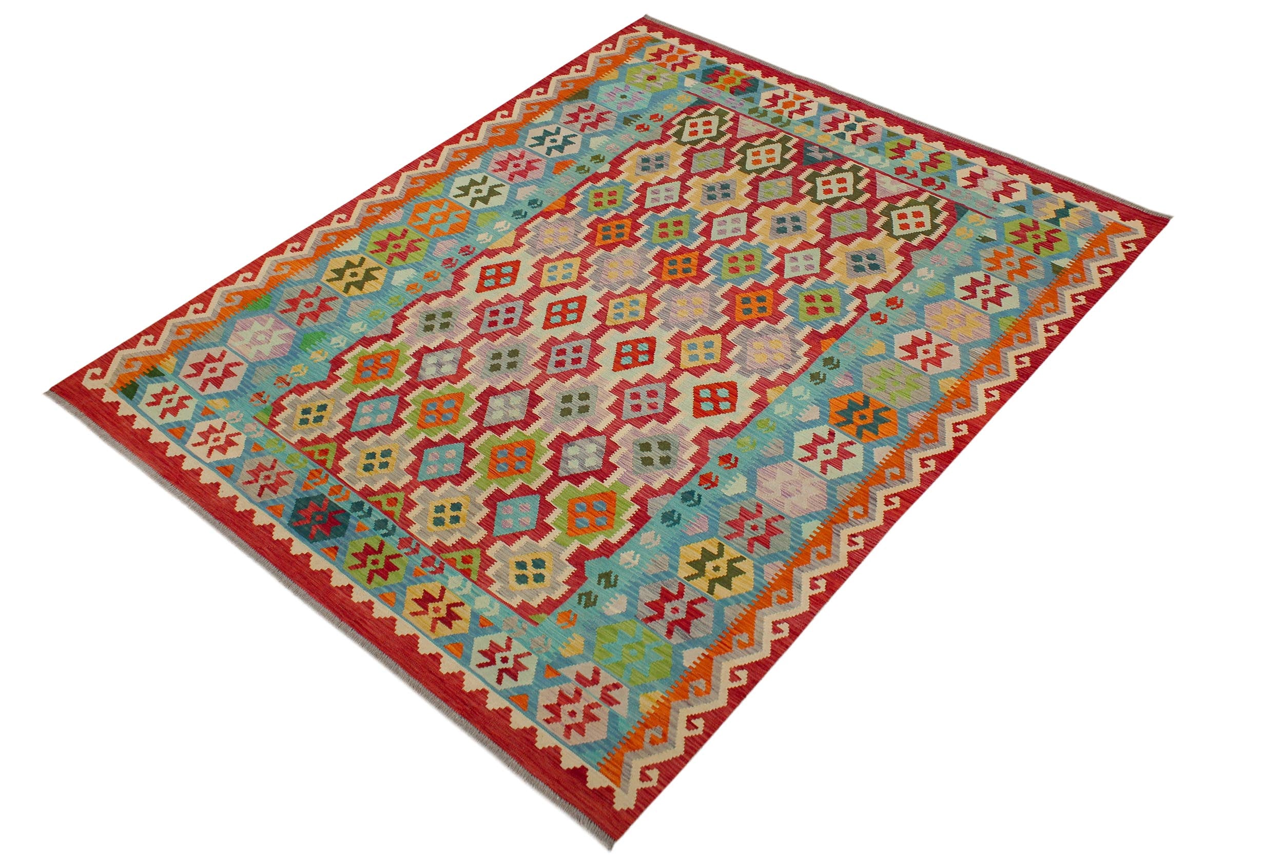 handmade Geometric Kilim Red Blue Hand-Woven RECTANGLE 100% WOOL area rug 8 x 10