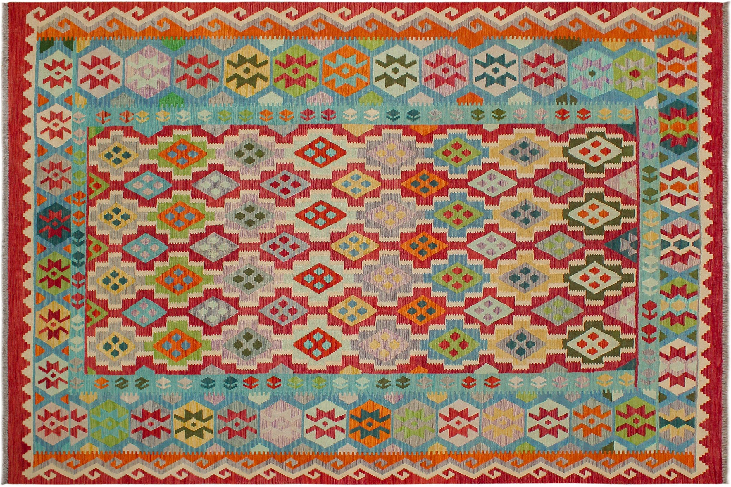 handmade Geometric Kilim Red Blue Hand-Woven RECTANGLE 100% WOOL area rug 8 x 10