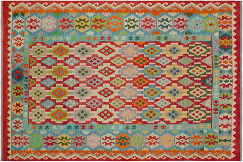 handmade Geometric Kilim Red Blue Hand-Woven RECTANGLE 100% WOOL area rug 8 x 10