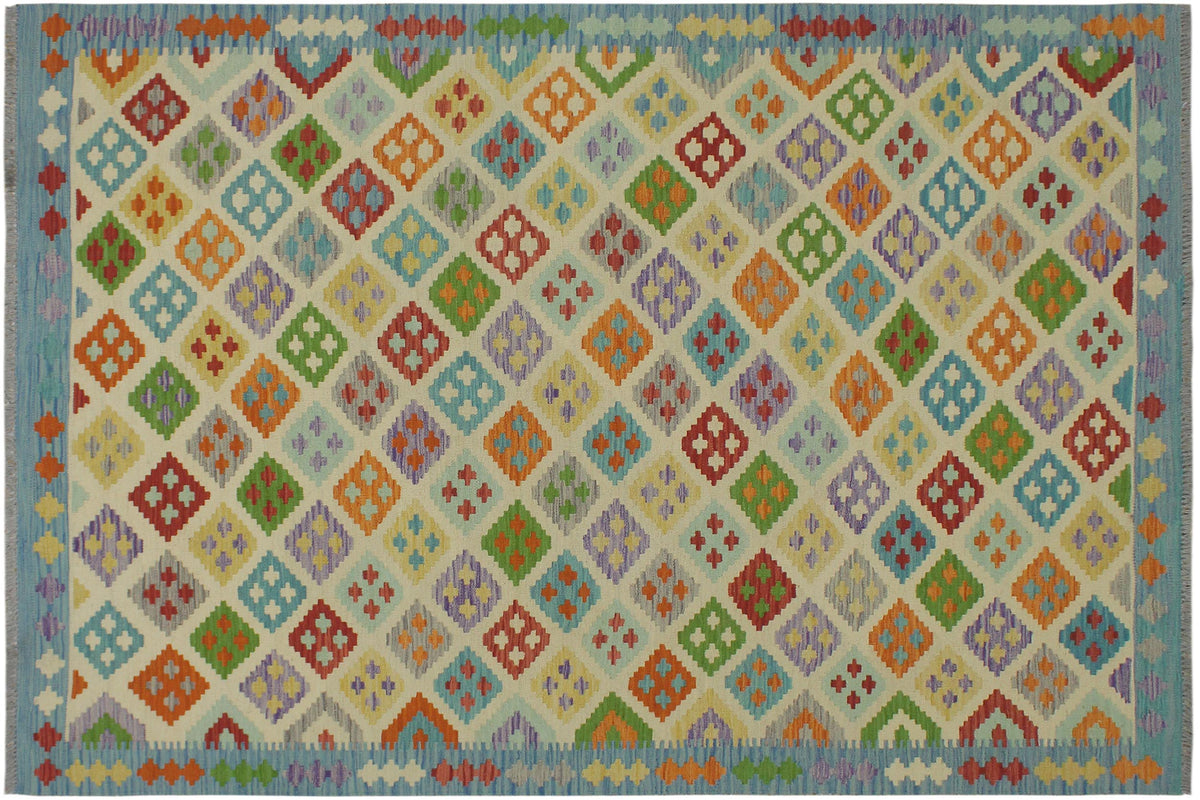 handmade Geometric Kilim Beige Blue Hand-Woven RECTANGLE 100% WOOL area rug 6 x 8