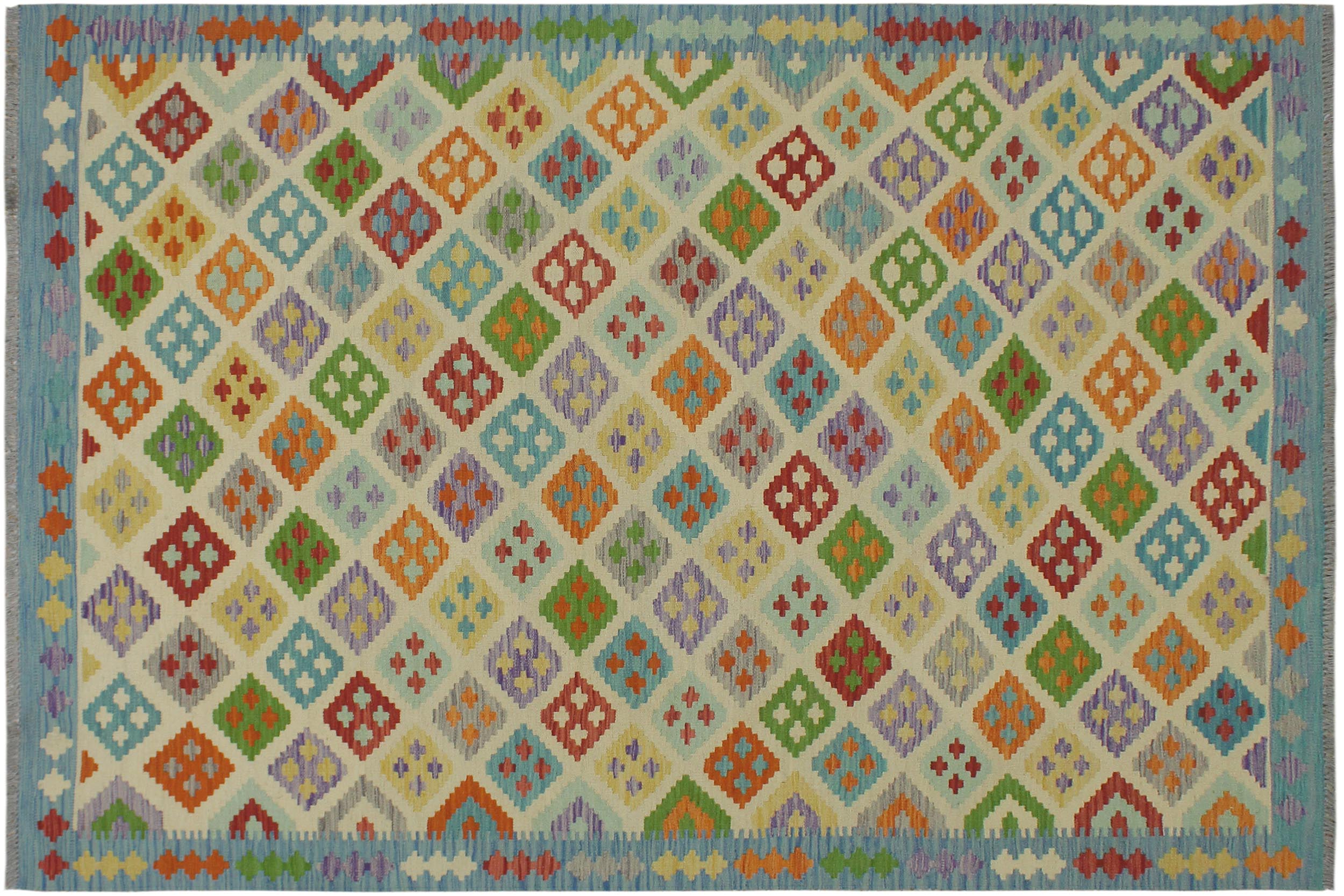 handmade Geometric Kilim Beige Blue Hand-Woven RECTANGLE 100% WOOL area rug 6 x 8