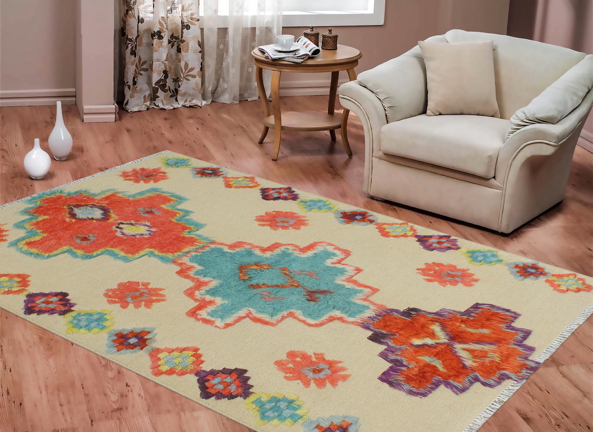 handmade Geometric Moroccan Hi Beige Blue Hand Knotted RECTANGLE 100% WOOL area rug 4' x 7'