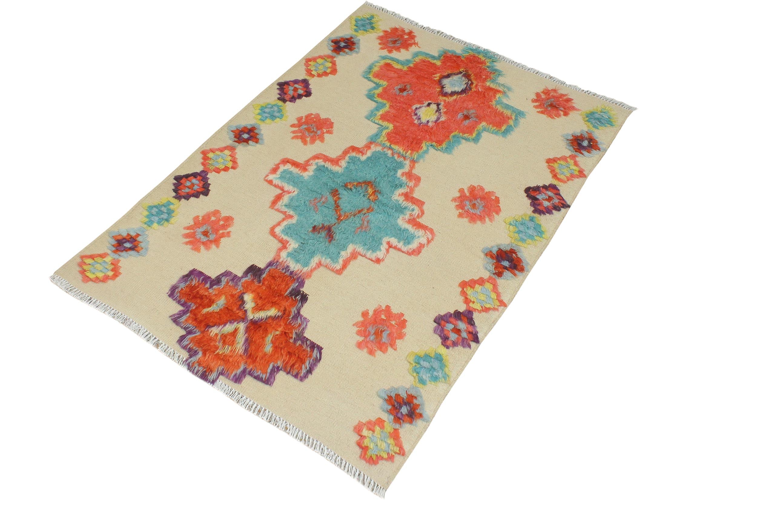 handmade Geometric Moroccan Hi Beige Blue Hand Knotted RECTANGLE 100% WOOL area rug 4' x 7'