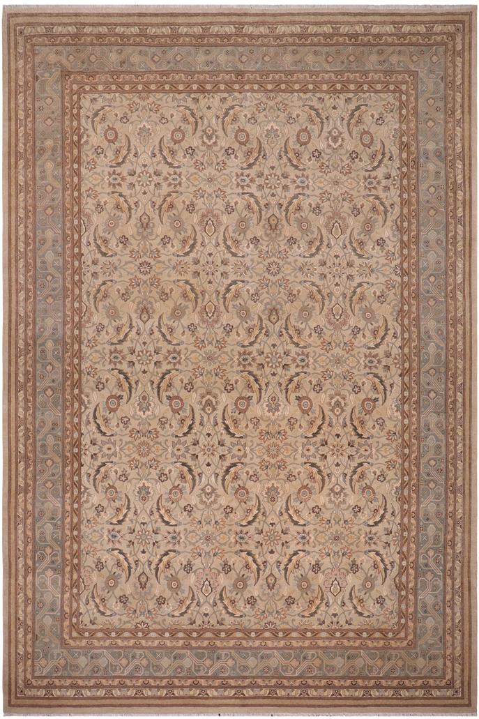 handmade Traditional Lahore Tan Lt. Green Hand Knotted RECTANGLE 100% WOOL area rug 10'X14'
