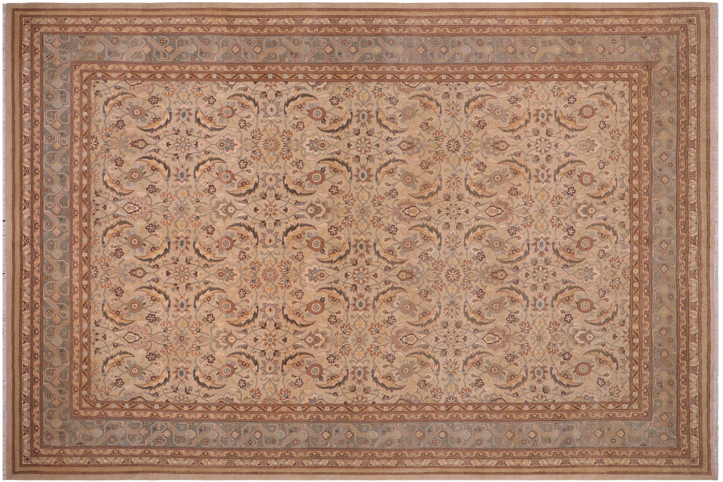 handmade Transitional Lahore Tan Lt. Green Hand Knotted RECTANGLE 100% WOOL area rug 10' x 14'