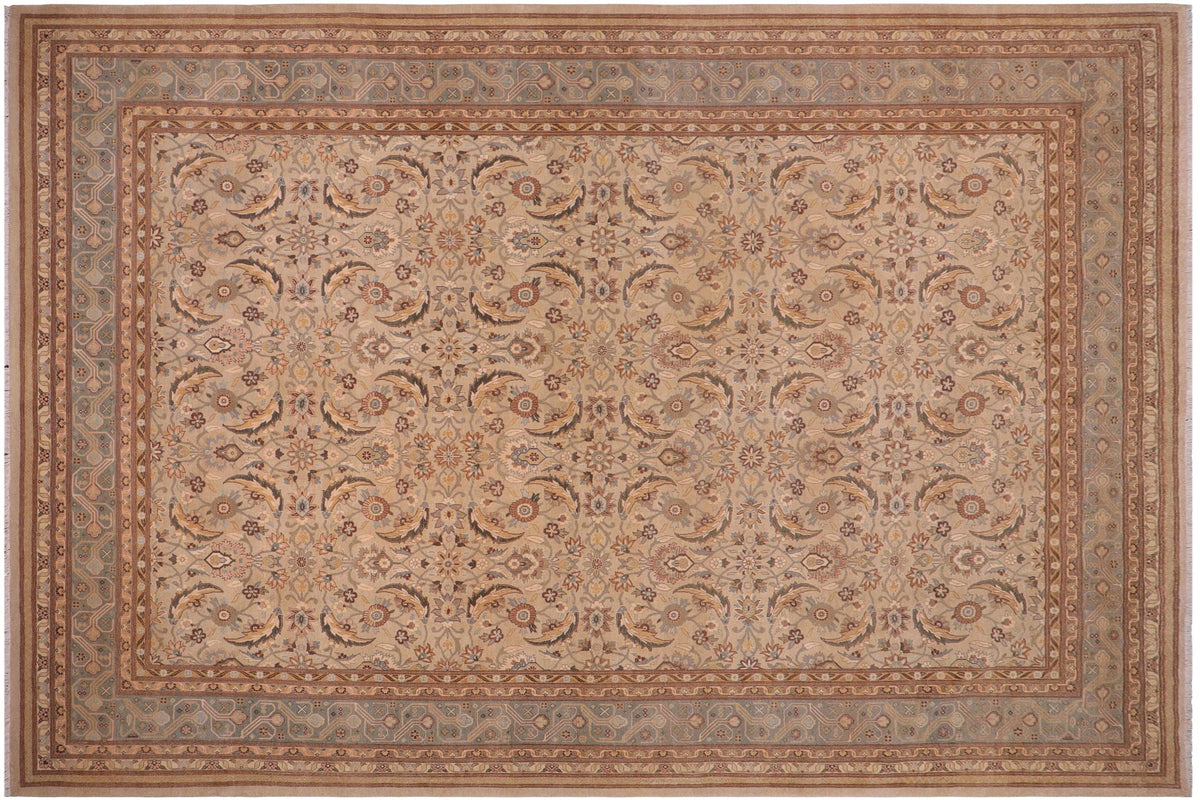 handmade Transitional Lahore Tan Lt. Green Hand Knotted RECTANGLE 100% WOOL area rug 10' x 14'