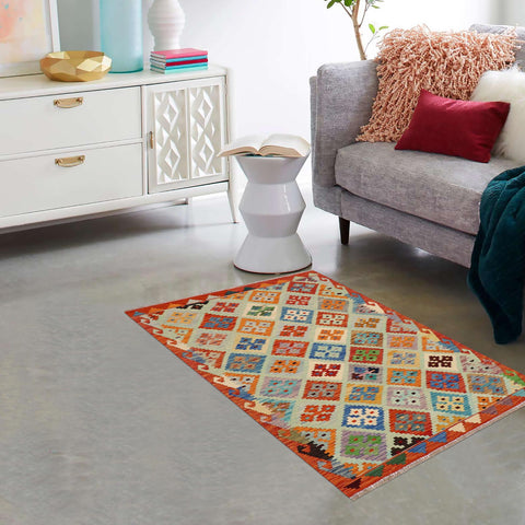 handmade Geometric Kilim Blue Rust Hand-Woven RECTANGLE 100% WOOL area rug 3 x 5