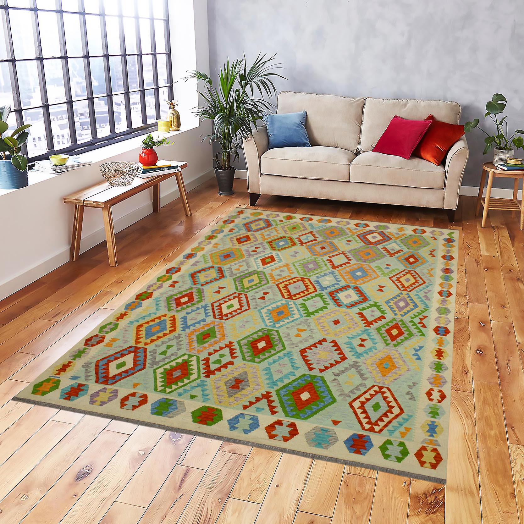 handmade Geometric Kilim Blue Beige Hand-Woven RECTANGLE 100% WOOL area rug 8 x 10