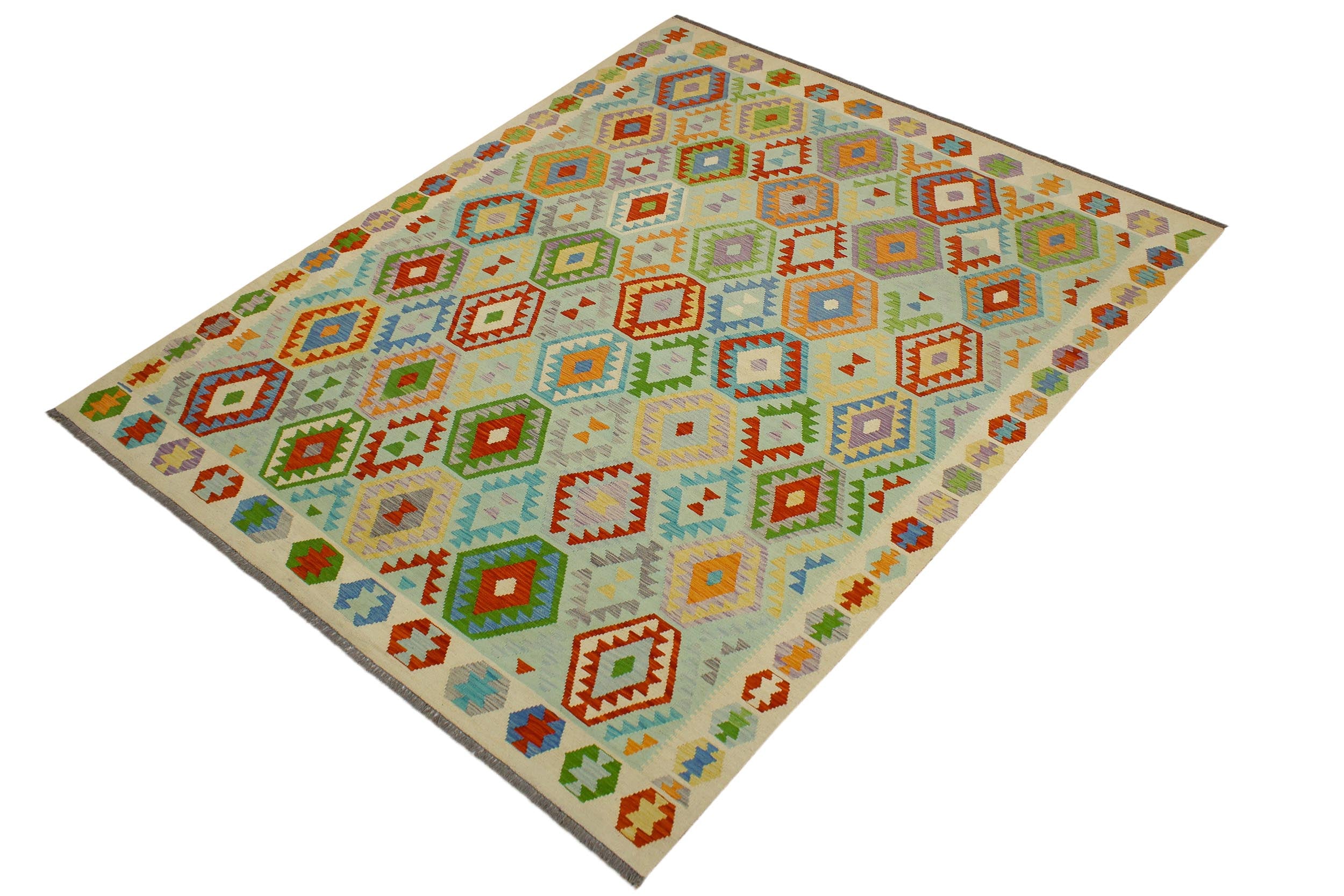 handmade Geometric Kilim Blue Beige Hand-Woven RECTANGLE 100% WOOL area rug 8 x 10