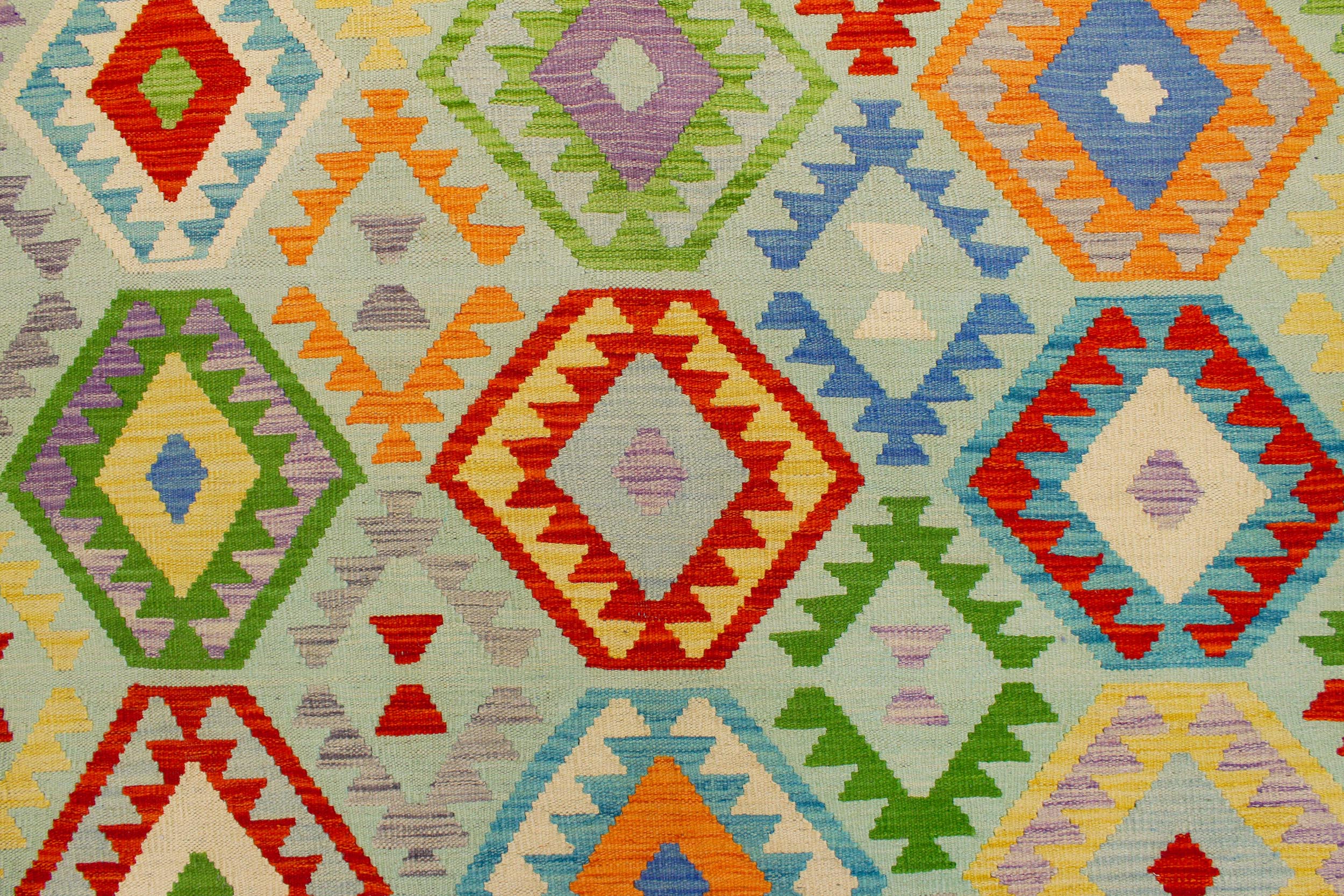 handmade Geometric Kilim Blue Beige Hand-Woven RECTANGLE 100% WOOL area rug 8 x 10