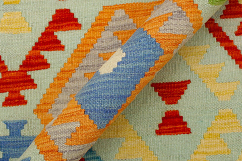 handmade Geometric Kilim Blue Beige Hand-Woven RECTANGLE 100% WOOL area rug 8 x 10