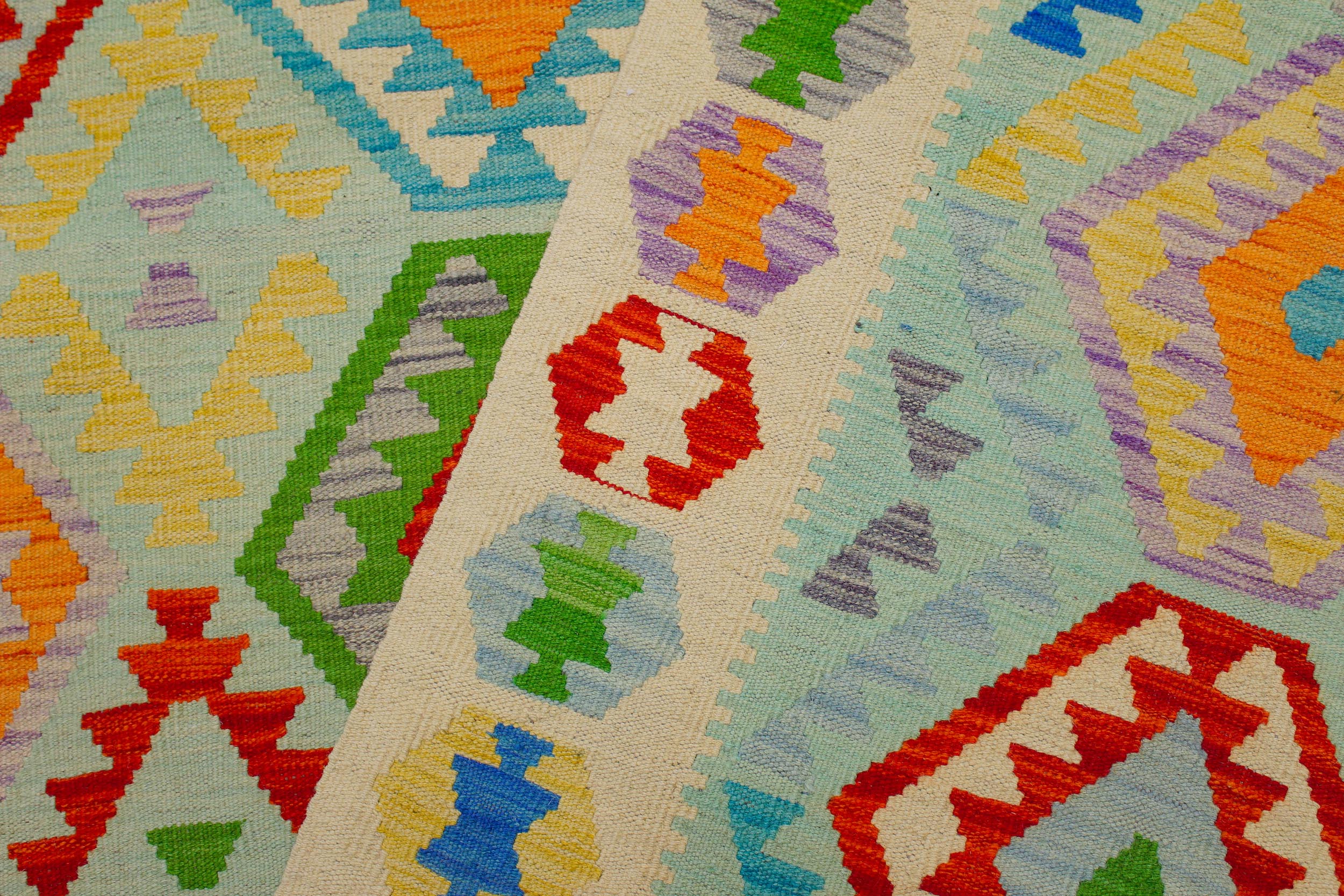 handmade Geometric Kilim Blue Beige Hand-Woven RECTANGLE 100% WOOL area rug 8 x 10