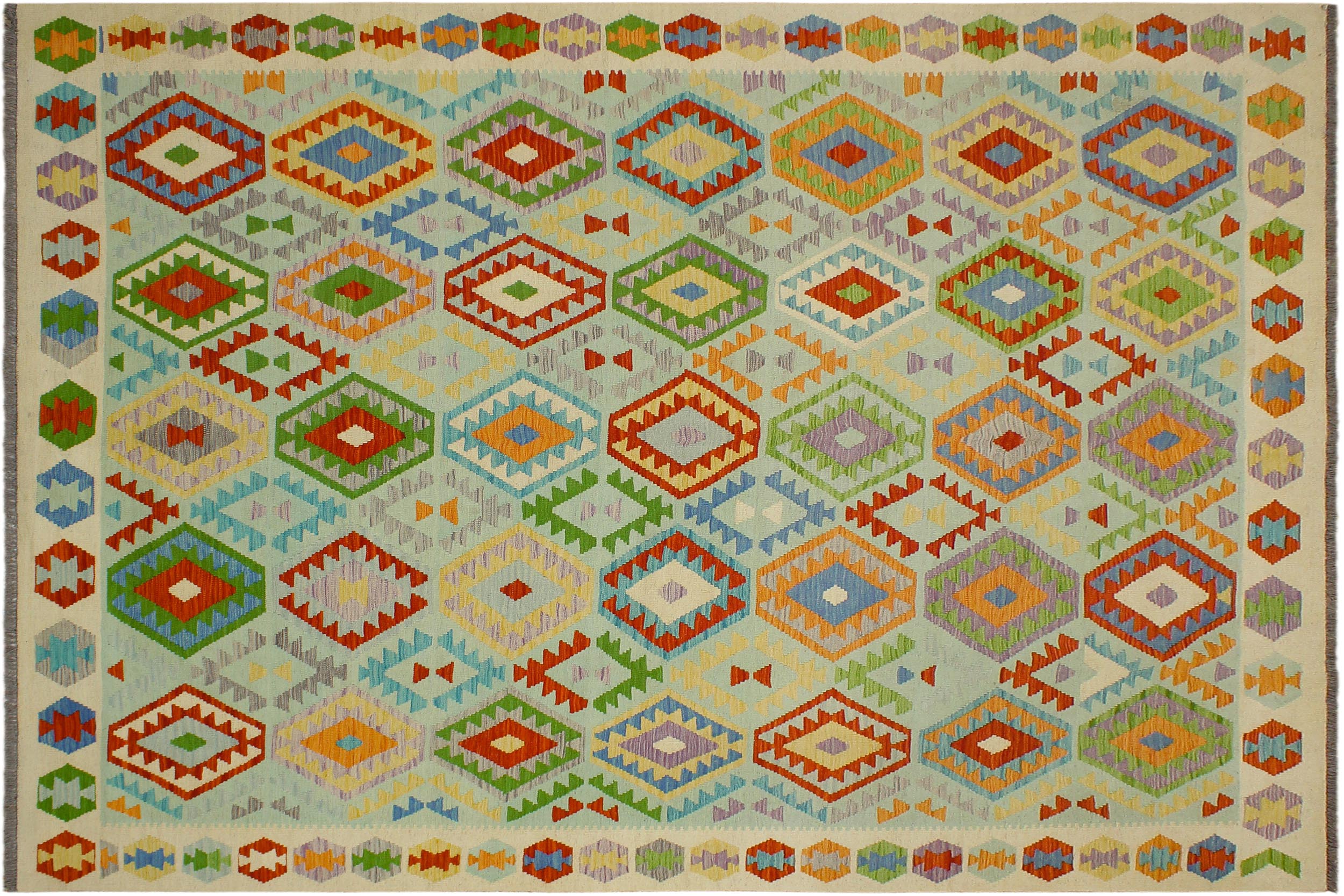 handmade Geometric Kilim Blue Beige Hand-Woven RECTANGLE 100% WOOL area rug 8 x 10